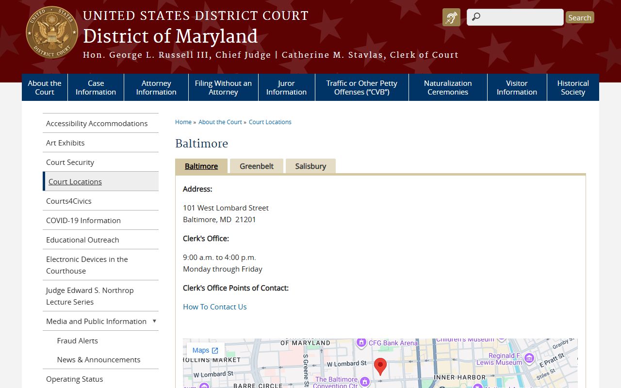 Baltimore City federal court records U.S. District Court Baltimore courthouse page