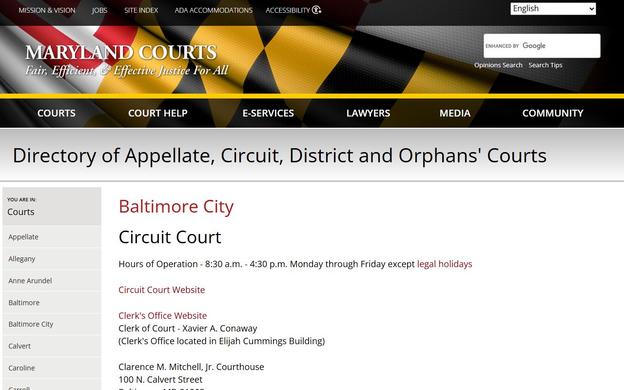 Baltimore City Clerk of the Circuit Court courts directory listing page