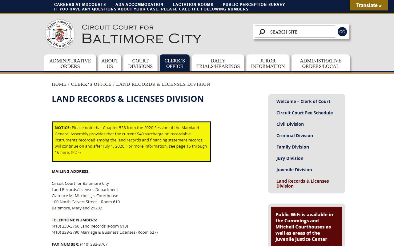 Baltimore City Clerk of the Circuit Court land records and licenses division page