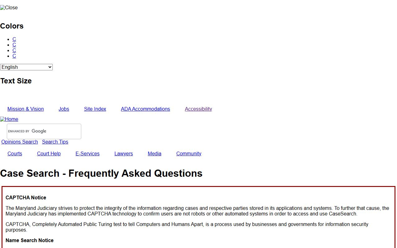 Baltimore City court records Maryland Judiciary Case Search FAQ page