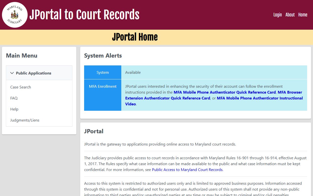 Baltimore City court records JPortal login screen for authorized users