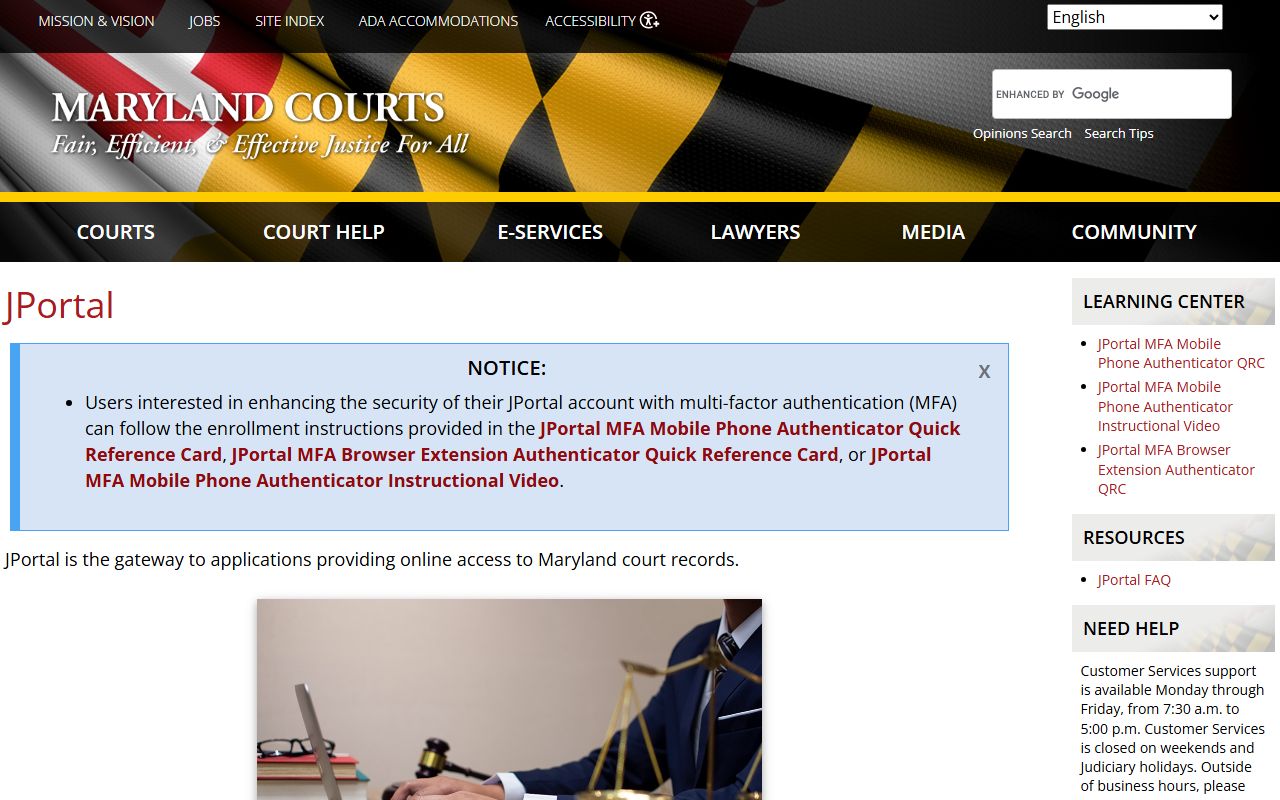 Baltimore City court records JPortal overview and access page