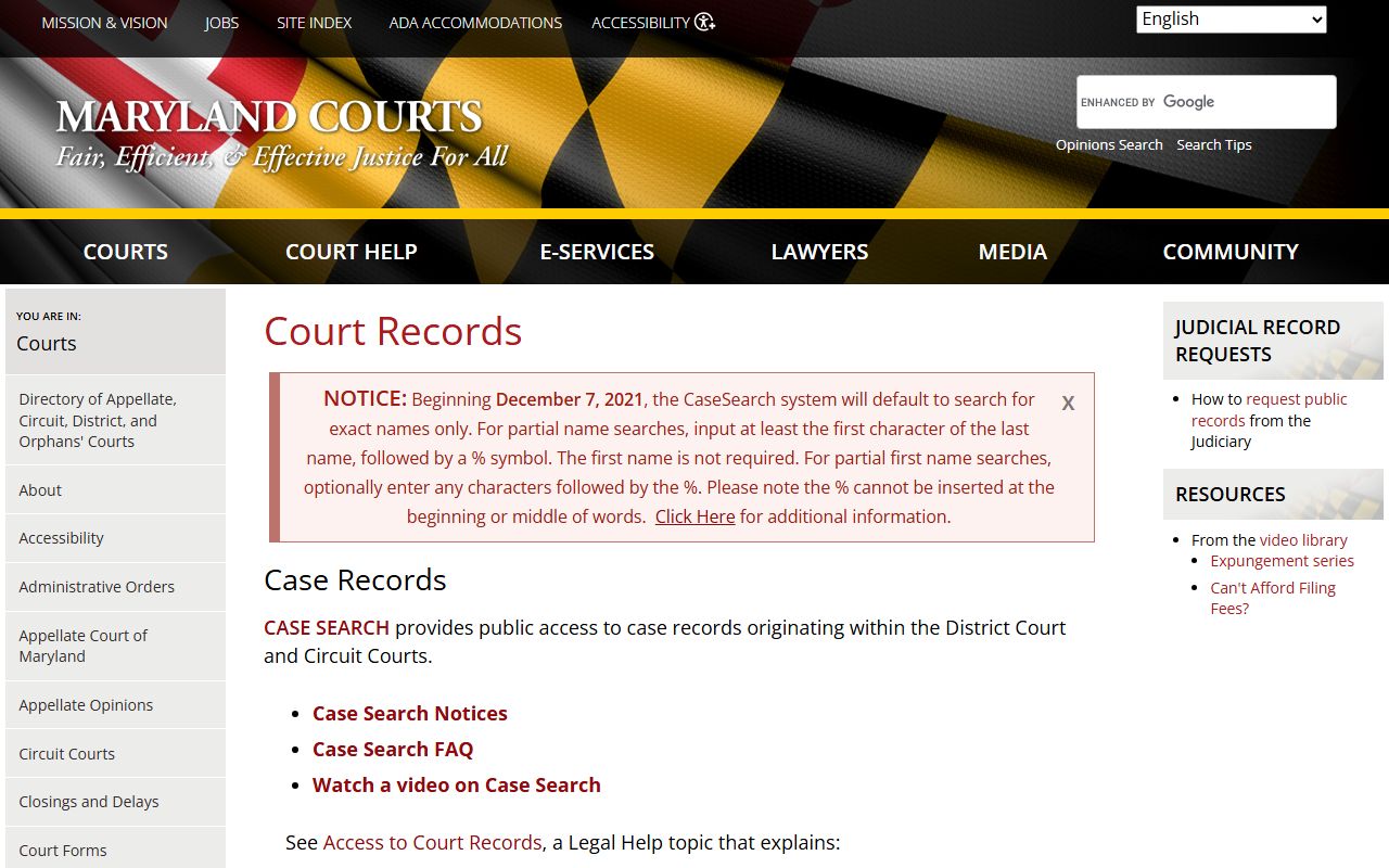 Baltimore City court records Maryland Judiciary court records guide page