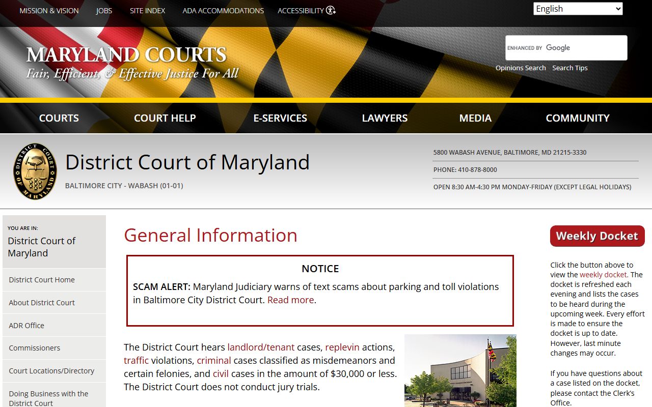 Baltimore City Circuit Court guide Wabash District Court location page