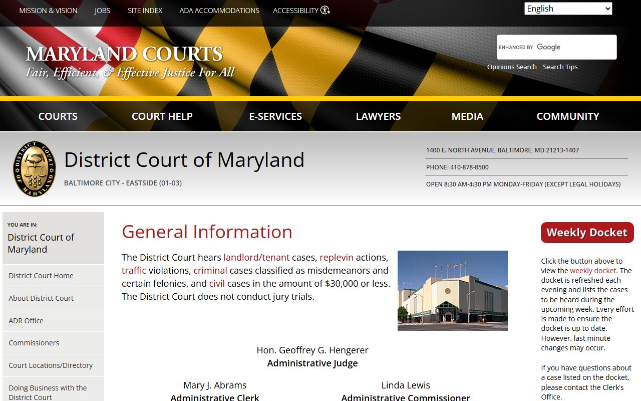 Baltimore City Circuit Court guide Eastside District Court location page