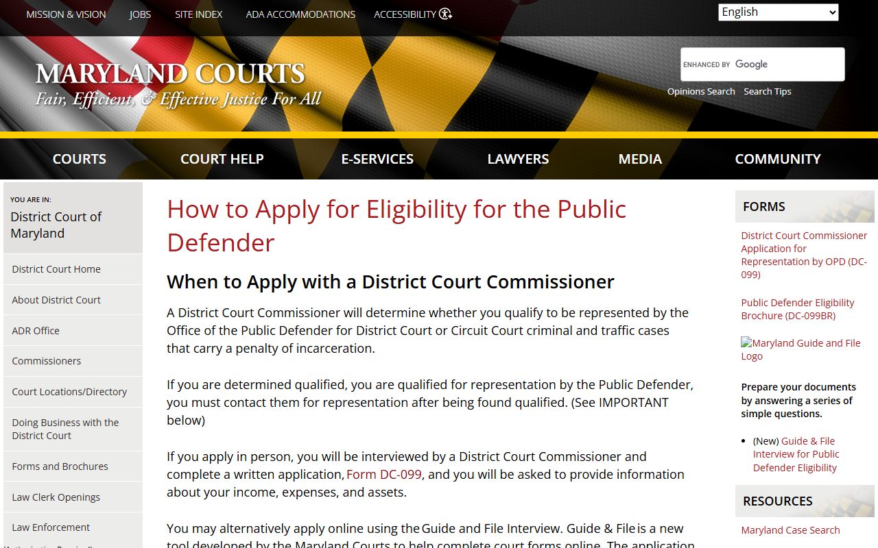 Baltimore City Circuit Court guide District Court public defender application page