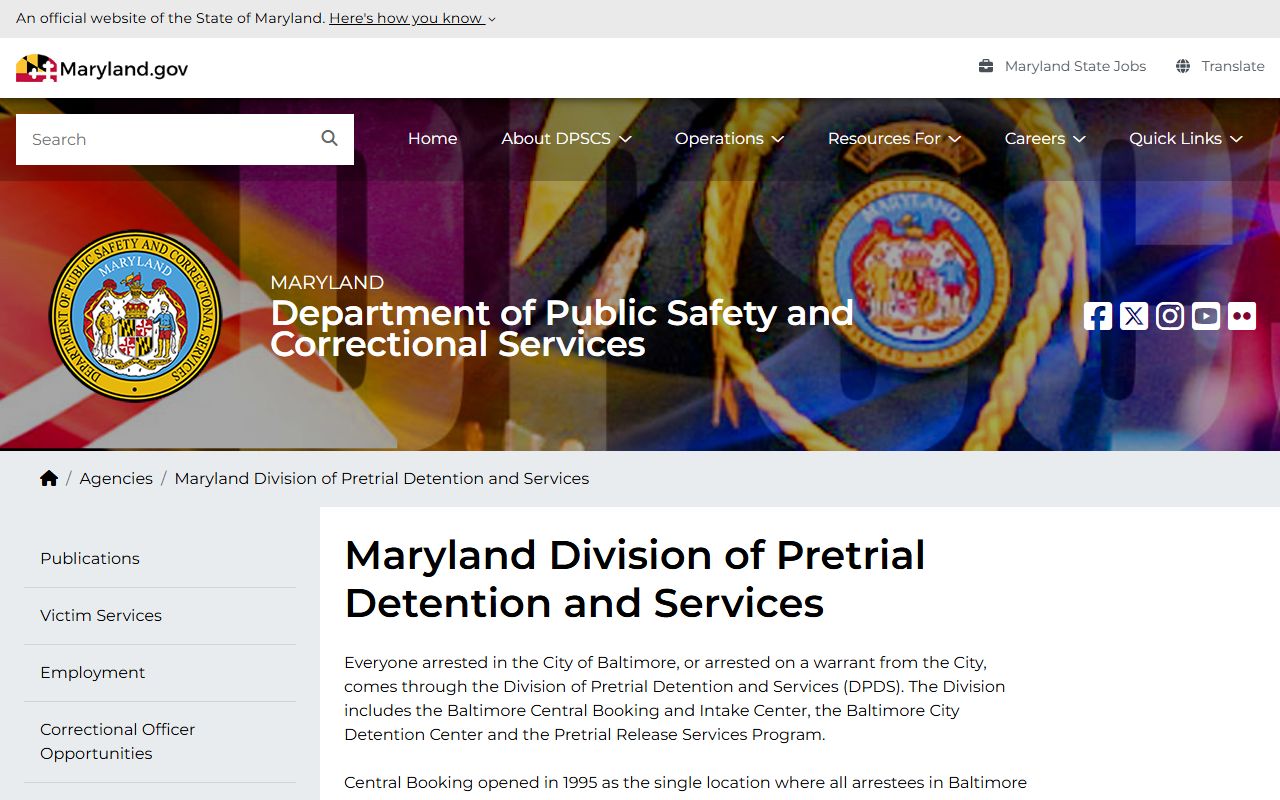 Baltimore City inmate records Division of Pretrial Detention and Services agency page