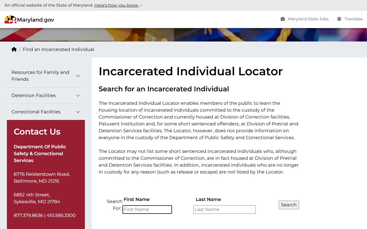 Baltimore City inmate records DPSCS Incarcerated Individual Locator search page