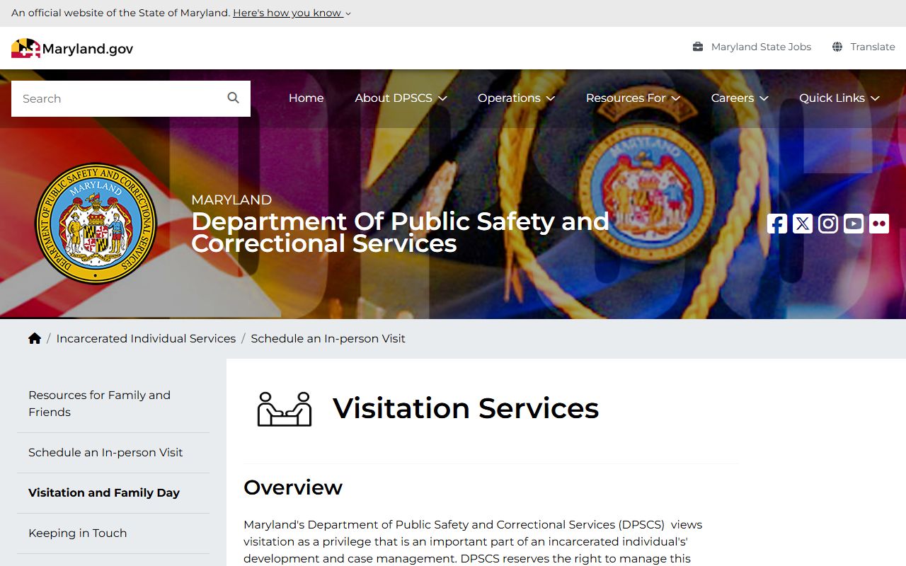 Baltimore City inmate records DPSCS inmate visitation services page