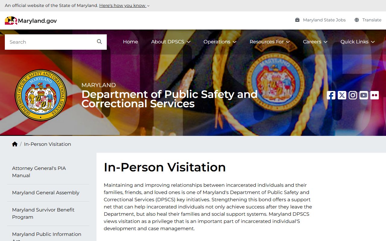 Baltimore City inmate records DPSCS visitation rules page