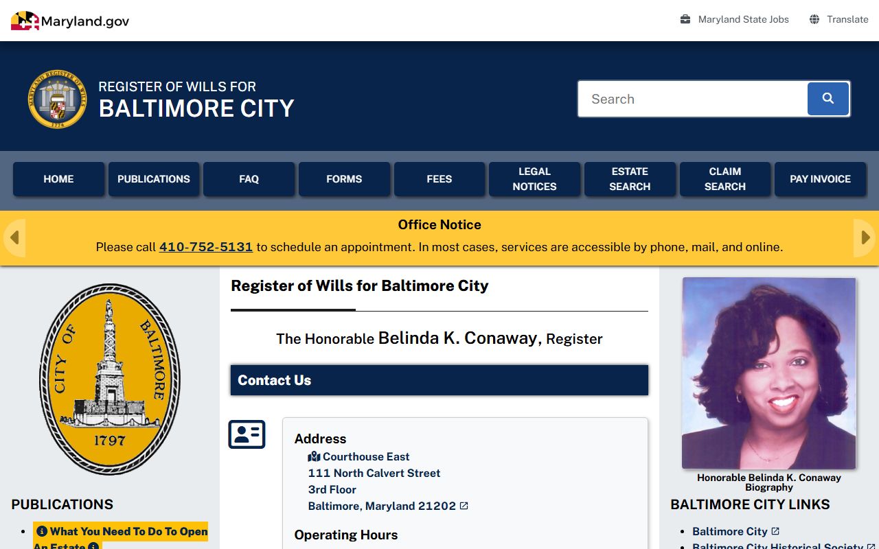 Baltimore City probate records Register of Wills county office page