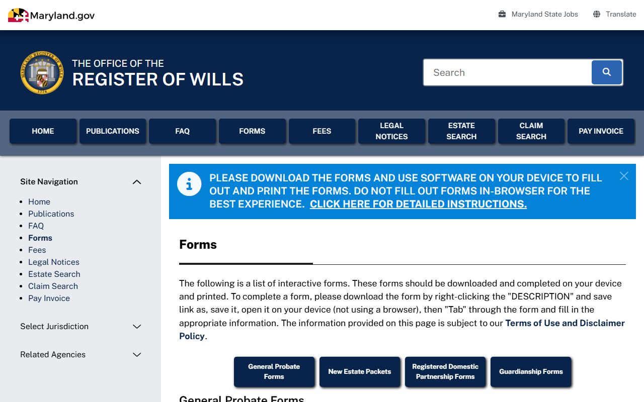 Baltimore City probate records Register of Wills statewide forms library