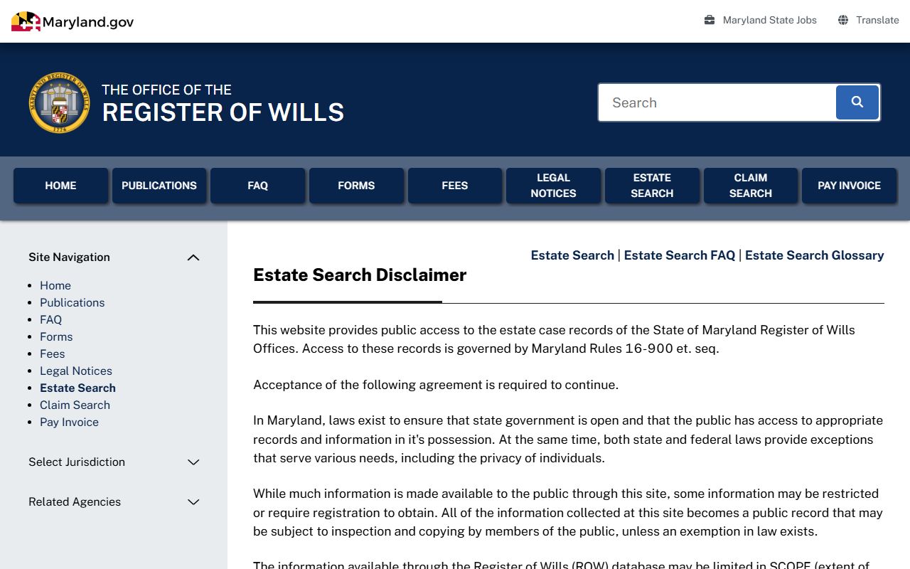 Baltimore City probate records Register of Wills Estate Search access page