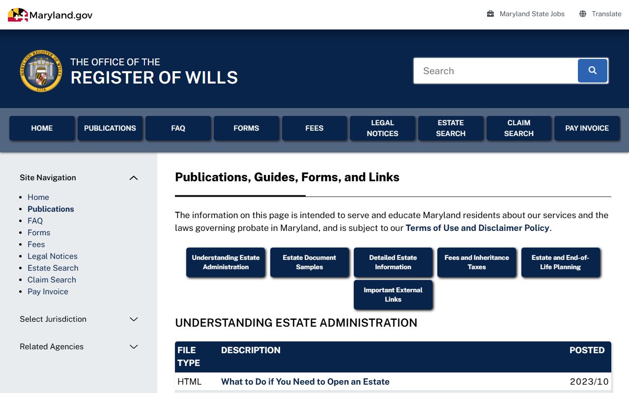 Baltimore City probate records Register of Wills publications and estate guides
