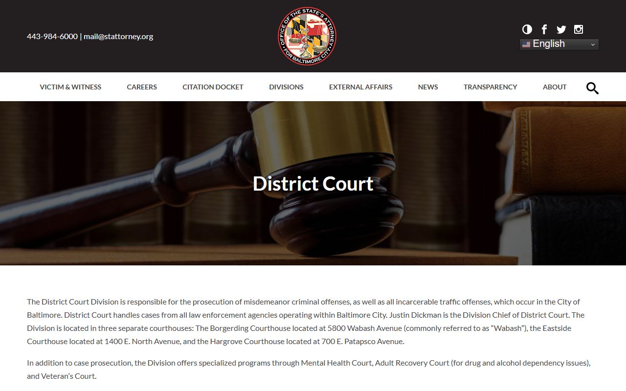 Baltimore City traffic court records State's Attorney District Court Division page